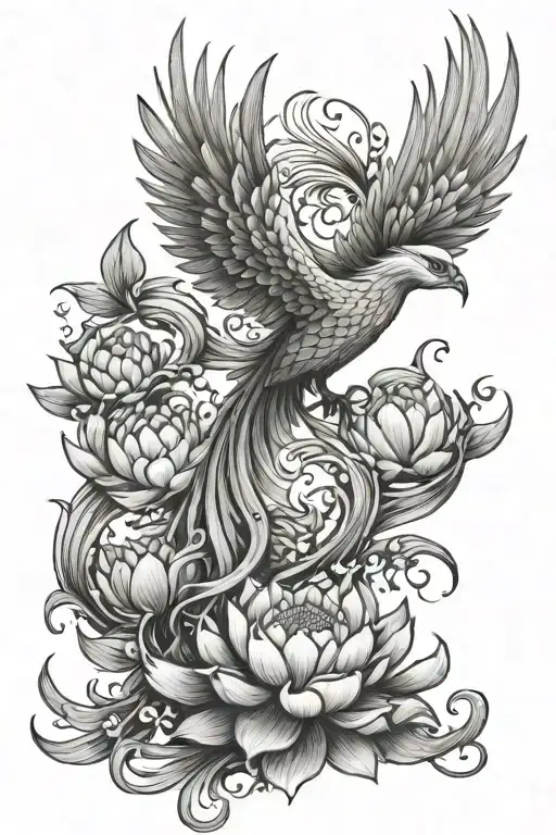 Feminine Phoenix Soaring With Lotus Flower Blooming