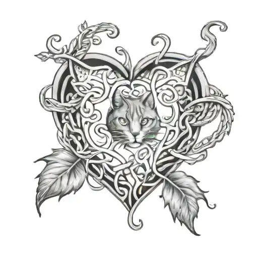 Anatomically Correct Heart Intertwined With Woven Vines And Cat Paw Prints