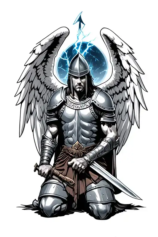 Gladiator Knight Kneeling With Sword And Angel Wings Lightning