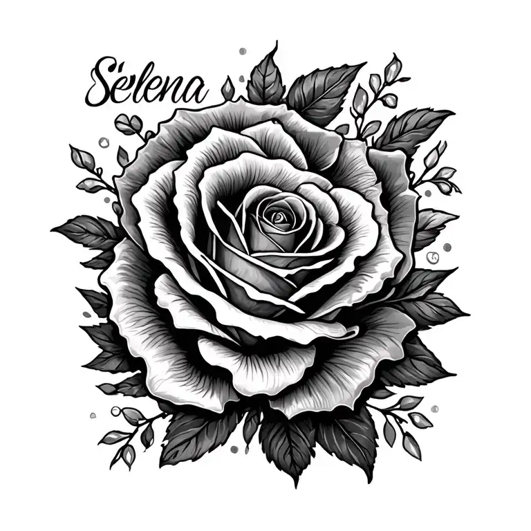 A Tatoo With Roses And Text Selena Name With Flower