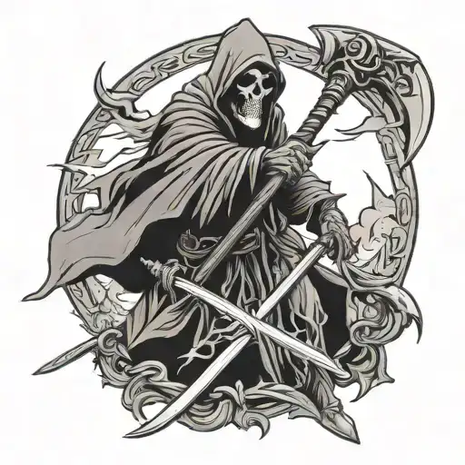 Grim Reaper Wielding A Mighty Battle Axe In A Bold Black-grey
