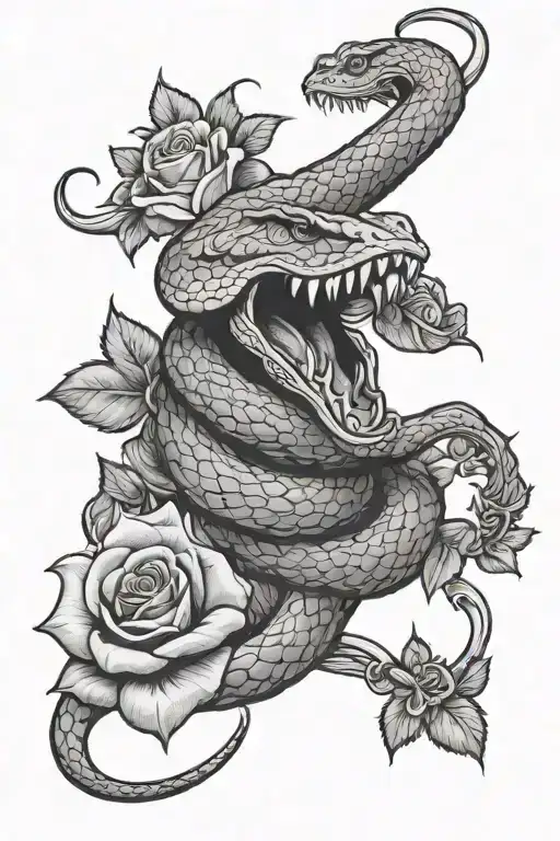 Open Mouth Snake With Roses In Background