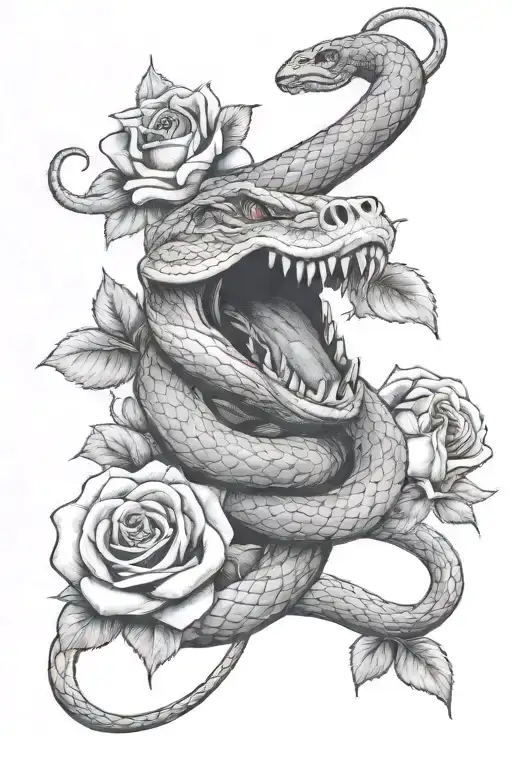 Open Mouth Snake With Roses In Background