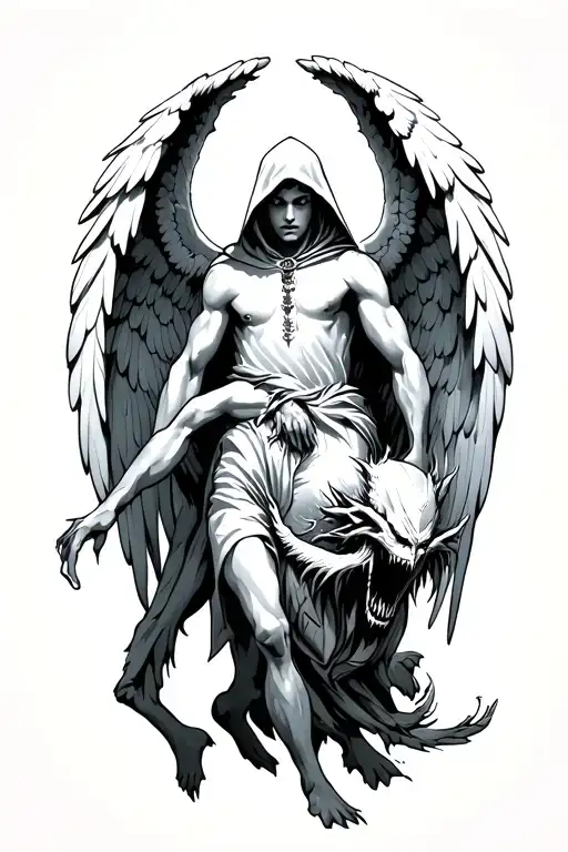 Hooded Arch Angel Defeating A Demon