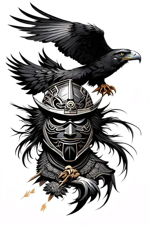 Samurai Mask And Hawk Soaring