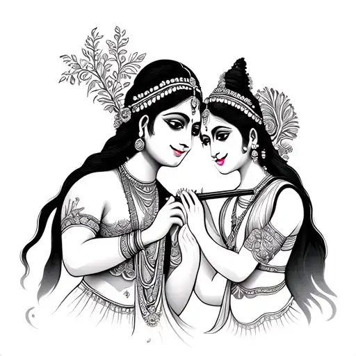 Radha Krishna Playing Flute Line Art