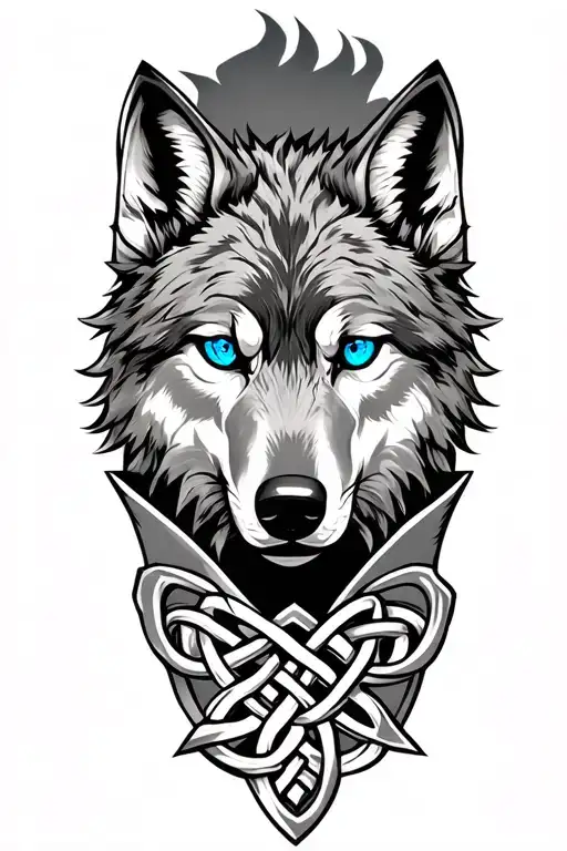 Wolf With Blue Eyes On Armor Tattoo Design Featuring Celtic Trinity Knot