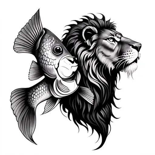Fish And Lion Pair Tattoo According To The Signs Of The Zodiac