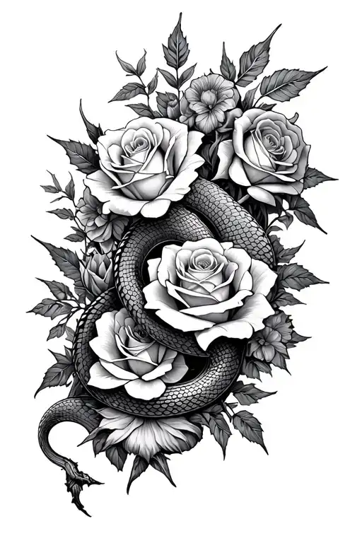 Many Flowers And Roses With Thorns And A Snake Between Them
