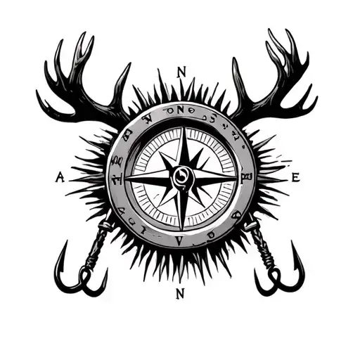 Hunting Compass Alaska Moose Antlers Bear Claws Fishing Hooks Skulls Mountains