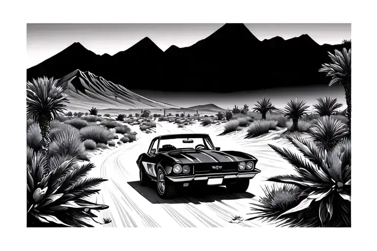 Desert Mountain With Old Sport Car Driving Away With Desert Palms And Plants To Feather Out