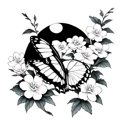 Papilio Alexanor With Japenese Flowers Tsubaki With Moon In Background