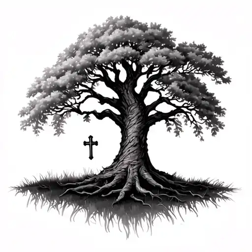 Willow Tree With Small Cross On Trunk And Horse Hoove Prints