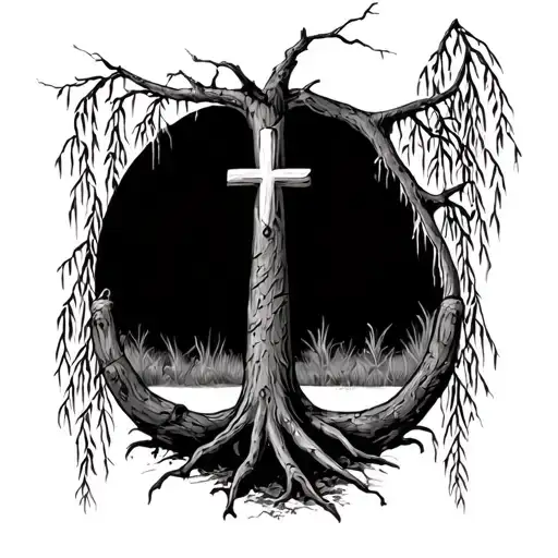 Weeping Willow Tree With Small Cross On Trunk And Horse Hoove Prints