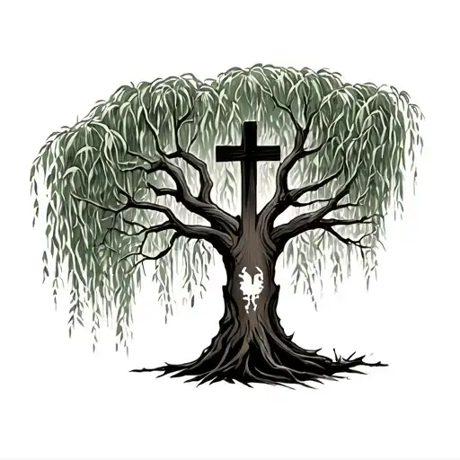 Weeping Willow Tree With Small Cross On Tree Trunk And Horse Hoove Prints On Trunk
