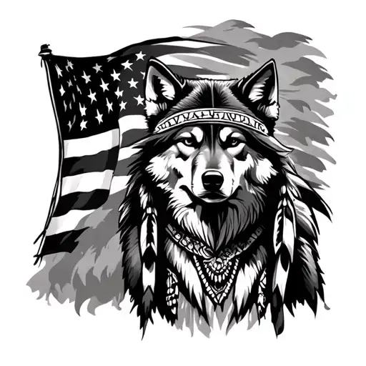 Native American With American Flag And A Wolf Black And White