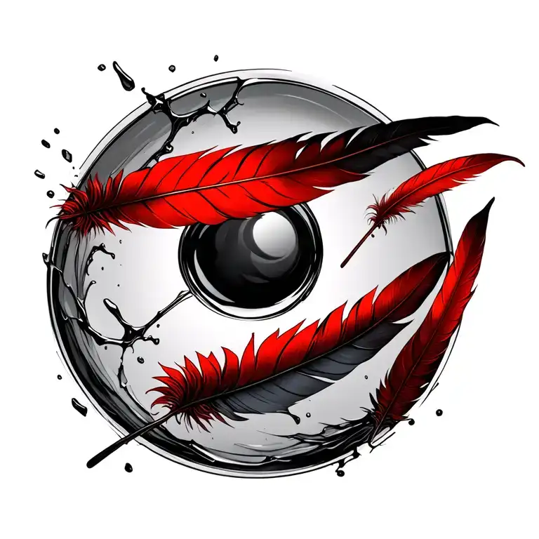 3 Black Glass Shatters And 3 Red Feathers Going In Cyrcles Drawn Style