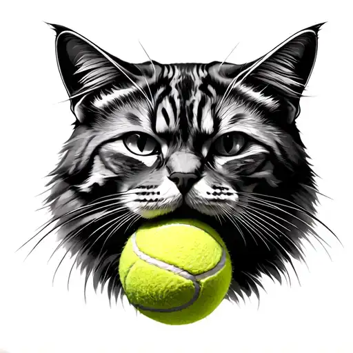 A Black And Grey Portrait Of A Powerful And Wise Cat With A Tennis Ball In Its Mouth