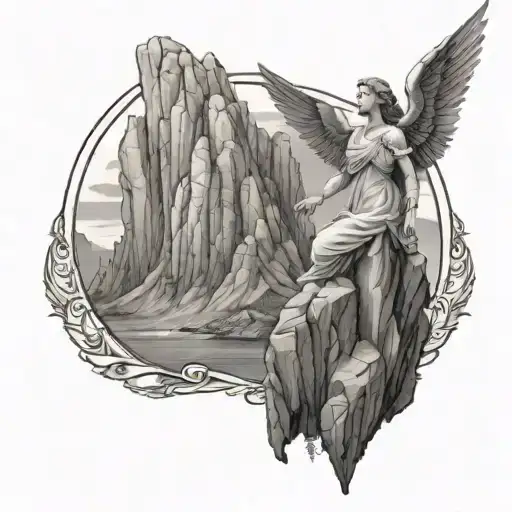 A Guardian Angel Standing On A Mountain Peak Surrounded By Rock Formations