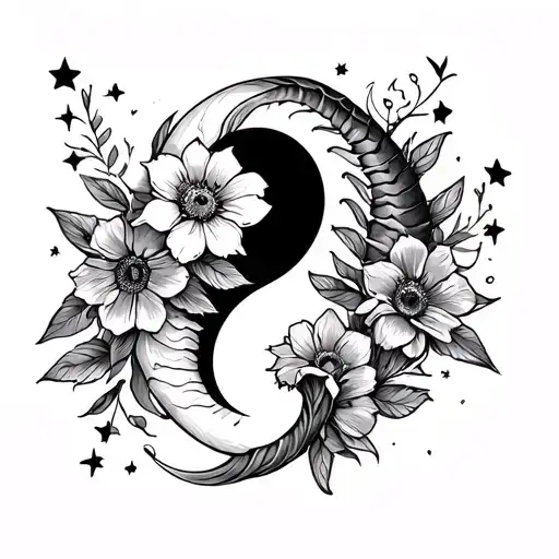 Ying Yang Fish Spine Tattoo With Flowers And Stars And Trap Stamp