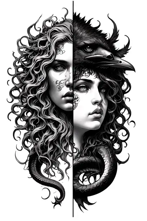 Half Medusa Half Lilith Head With Viper And Crow