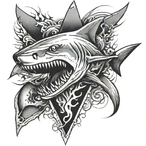 Black And White Style Tattoo Leg Sleeve With Shark Jaw On Front Of Knee
