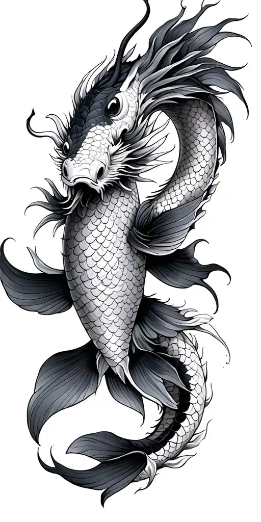Black And Grey Koi And Dragon Arm Tattoo Design
