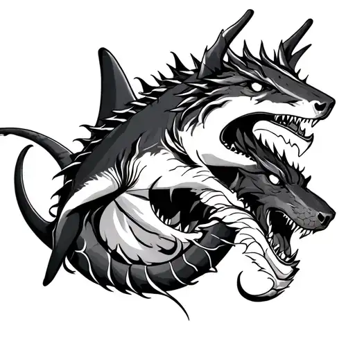 Design A Black And White Tattoo With A Shark And A Dragon And Wolf In It