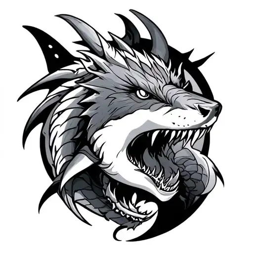 Design A Black And White Tattoo With A Shark And A Dragon And Wolf In It