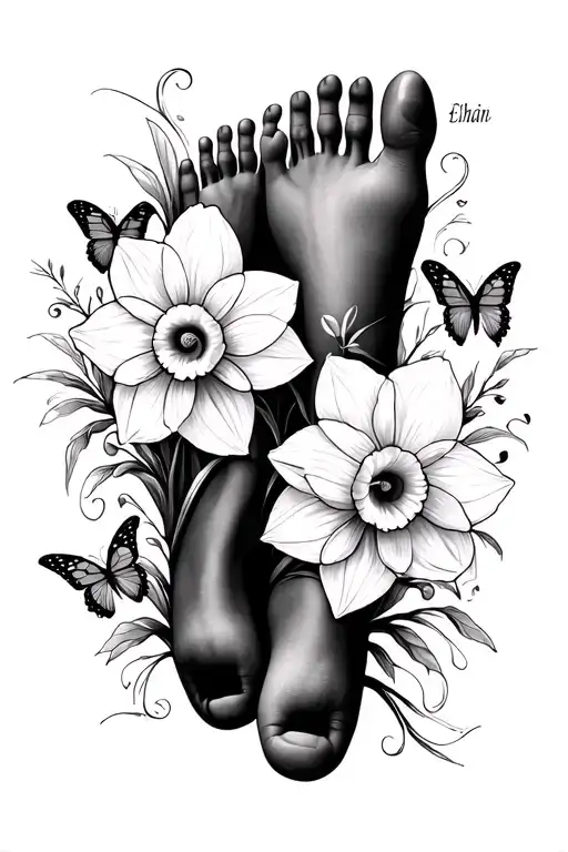 Daffodils Swirls Fine Line Seperate Names Ethan And Evie Hearts And Butterflies Foot Ankle Design