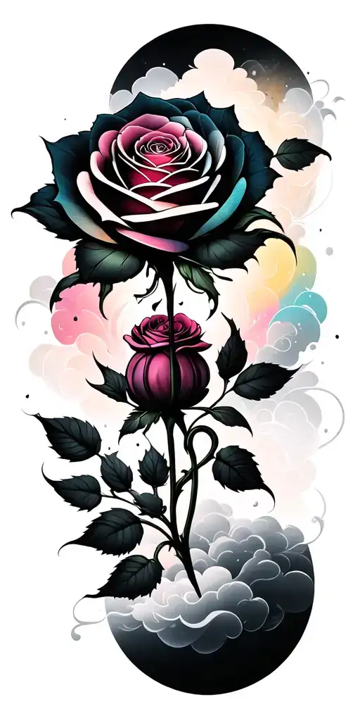 Multi Colored Rose Floral Pattern With A Sprite In The Middle Surrounded By Clouds