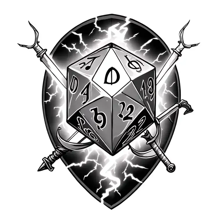 D20 With Crossbow Behind With Lightning And Rapier With Musical Notes