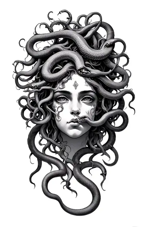 Medusa Head With Snakes As Hair And Individual Snake Heads