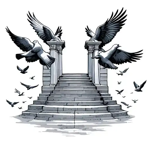 Heaven Gates Doves Flying With Stairs Leading