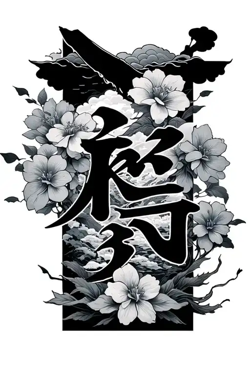Japanese Word 'Kaizen' Surrounded By Japanese Clouds & Flowers