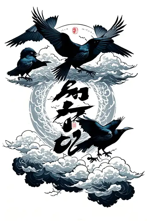 Japanese Word 'Kaizen' Surrounded By Japanese Clouds & Crows