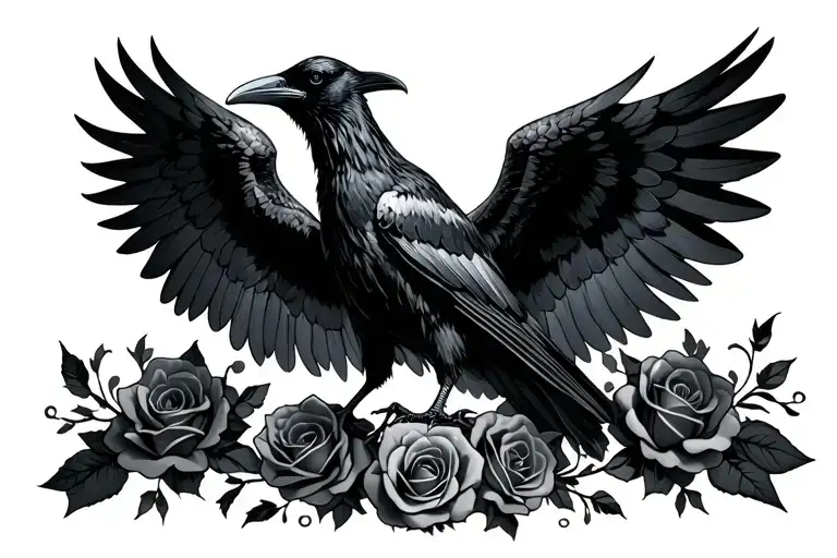 Raven With Spread Wings Dark With Roses And Skulls