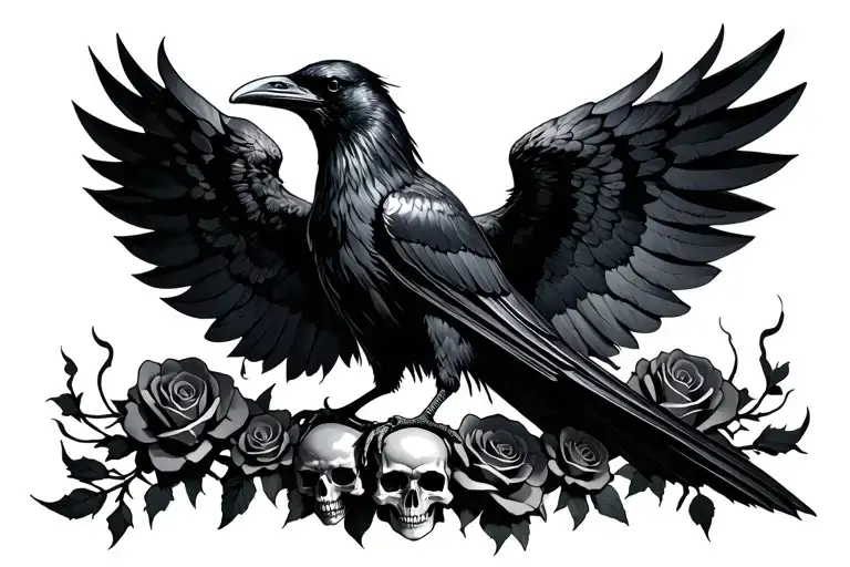 Raven With Spread Wings Dark With Roses And Skulls Symetrical