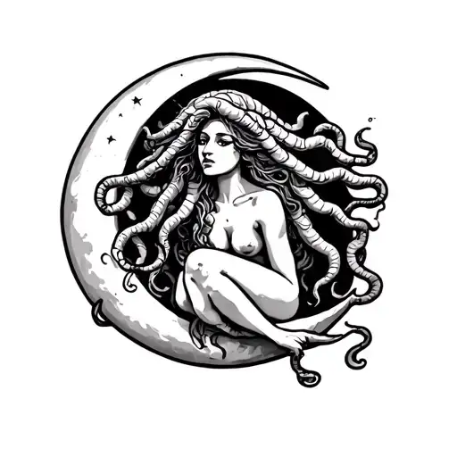 American Traditional Tattoo Medusa Sitting On A Moon