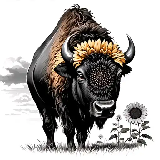 Bison With Sunflower Fieldtattoo