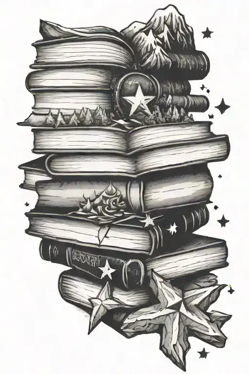 Books Stacked With Mountain And 3 Stars