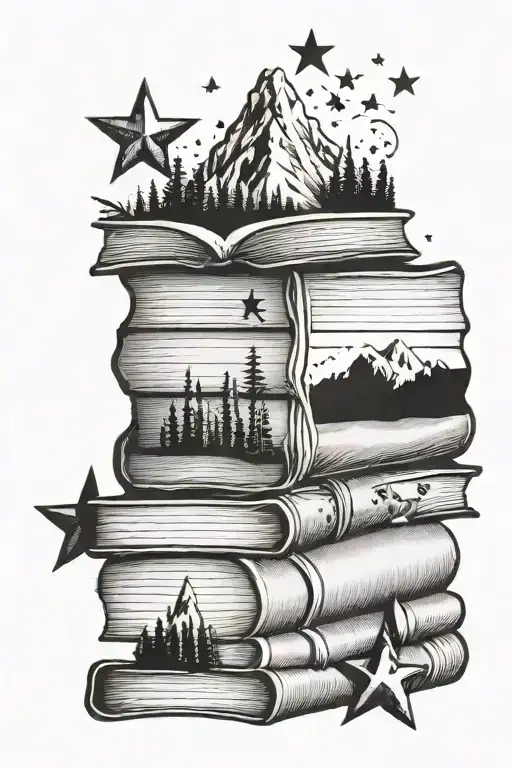 Books Stacked With Mountain And 3 Stars