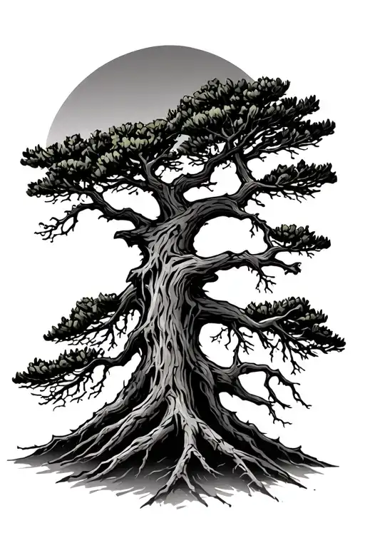 Gnarled And Tortured Looking Mountain Pine Tree In Alpine Setting With Low Sun In The Background