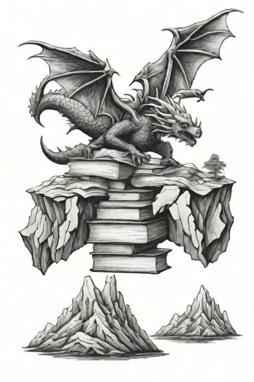 Books Stacked With Dragons Flying Over A Mountain