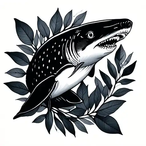 Simple Line Tatoo Of Whale Shark And Laurel Leaves