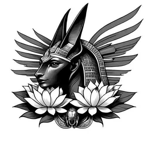 Create Tattoo Sekhmet Maat With Anubis Black And Grey Sleeve With Lotuses And Scarabs