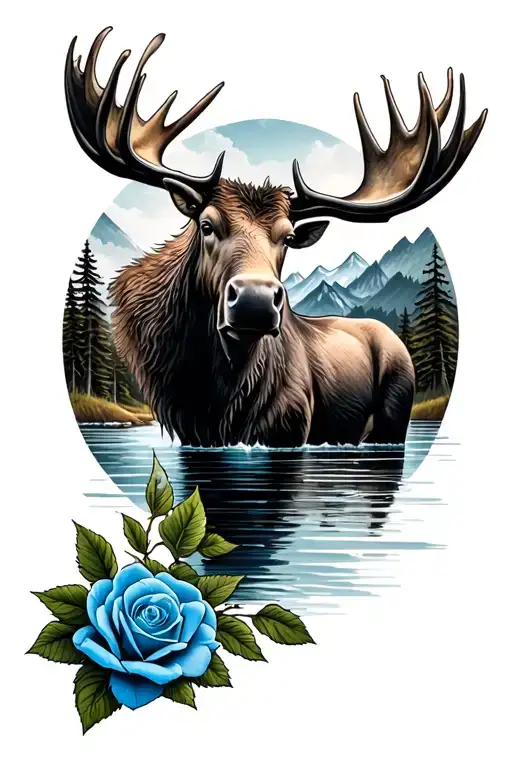 Nature With Water And Mountains With A Moose And A Blue Rose