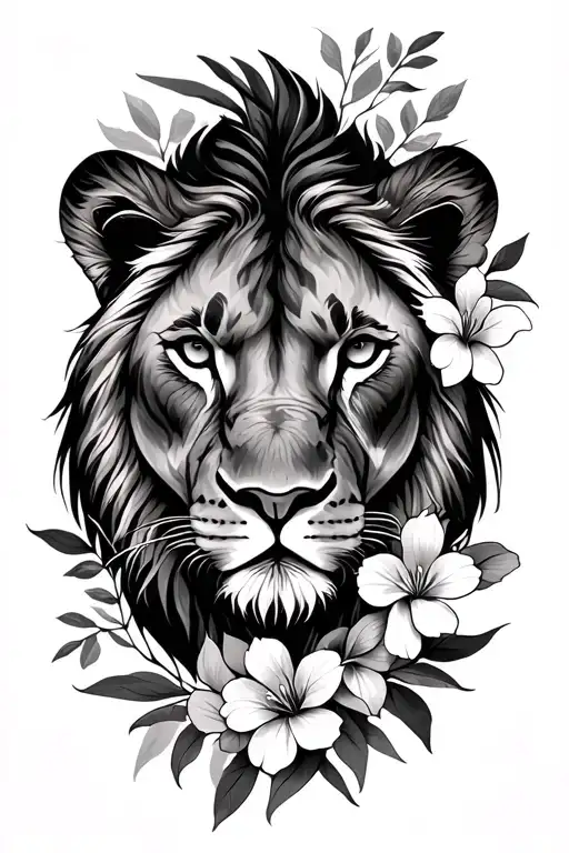 Lioness Head With Amazon Flowers And Foliage