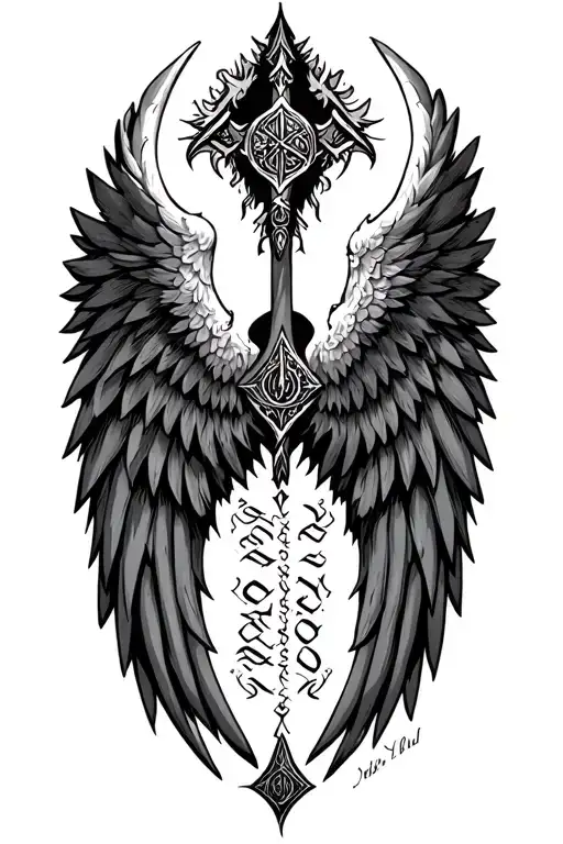 Vggdarsil And Valkyrie Wings With Norse Script Between The Wings