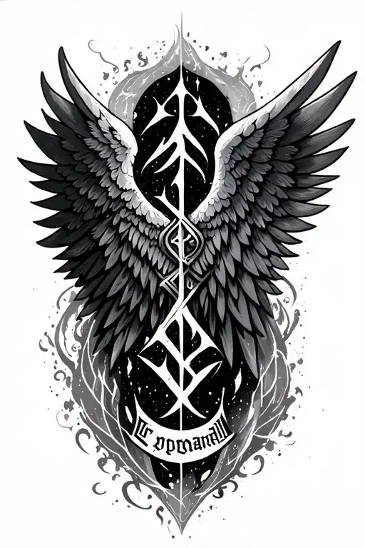 Vggdarsil And Valkyrie Wings With Norse Script Between The Wings